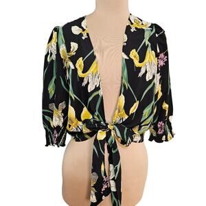 New Janet Chung Floral Tie Front Crop Top Black Yellow Iris Print Blouse Medium